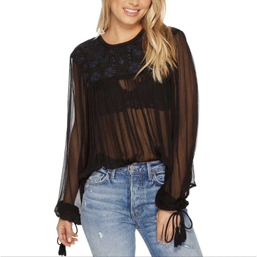 Free People Sheer Black Long-Sleeve Tassel Blouse